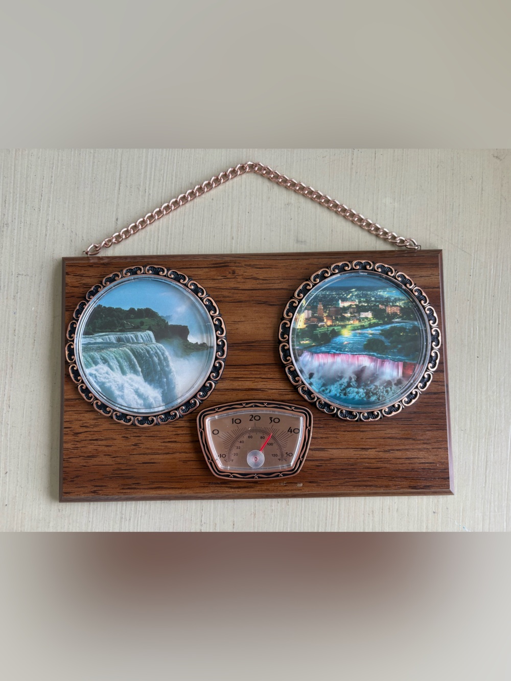 Decorative Wooden Wall Plaque with Copper Accents and Scenic Inset - Brown